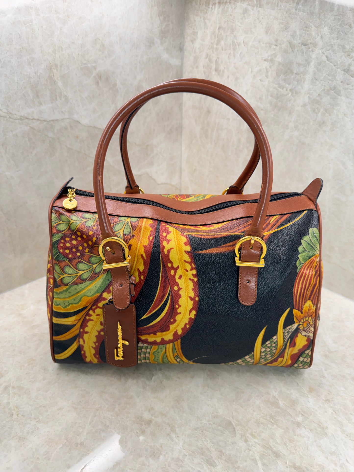 SALVATORE FERRAGAMO SERI TROPICAL PRINT BOSTON BAG