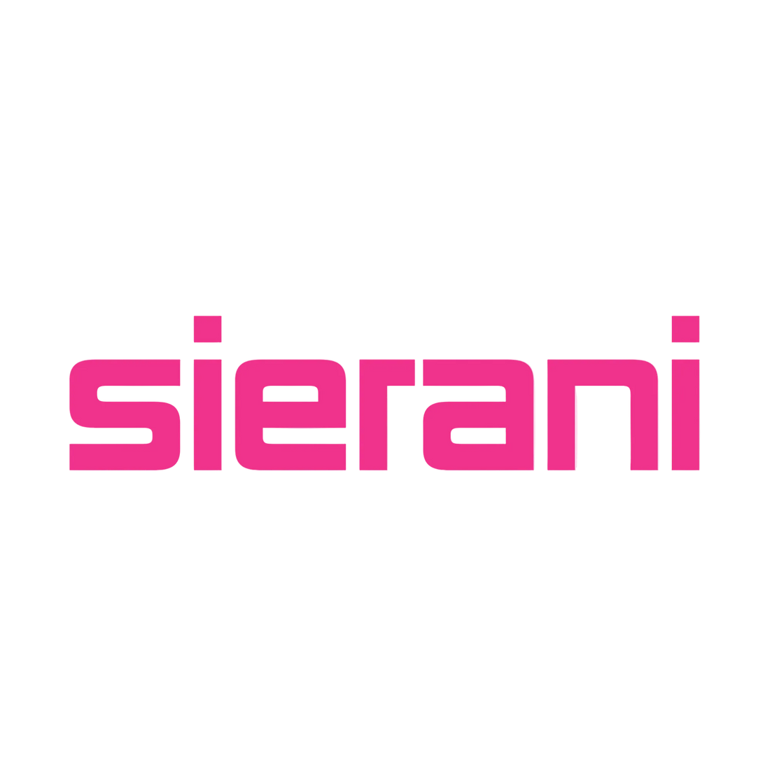 The brand name 'sierani' is displayed in a bold, bright pink sans-serif font centered on a solid light pink background.