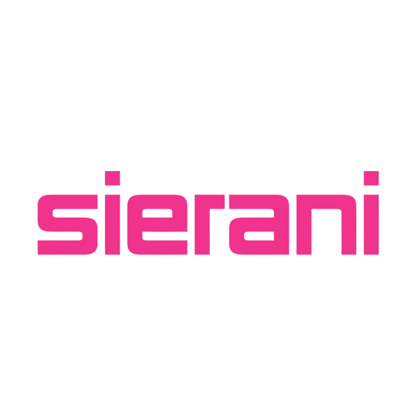 The brand name 'sierani' is displayed in a bold, bright pink sans-serif font centered on a solid light pink background.